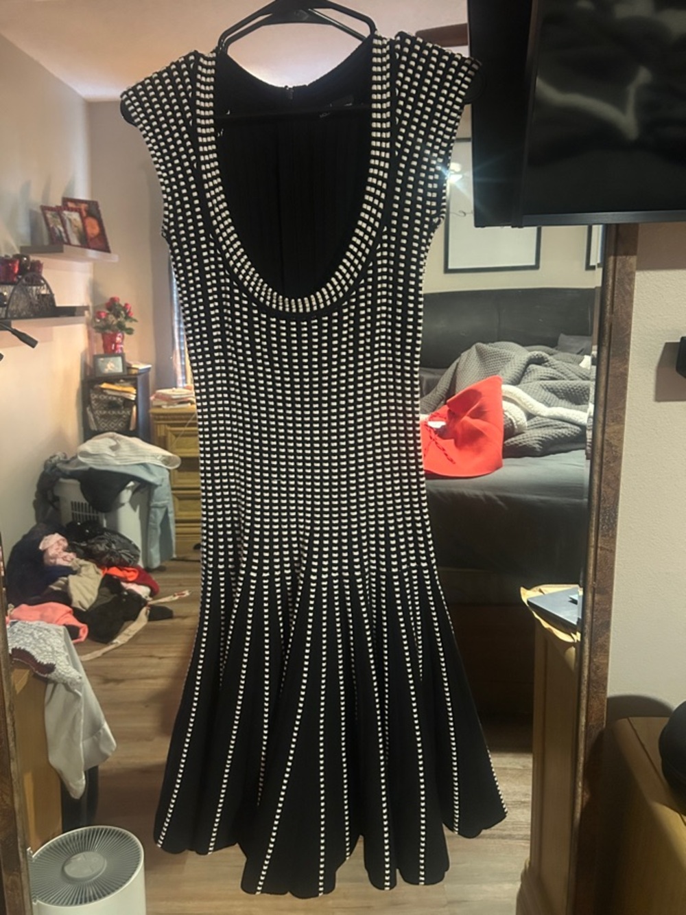 Moda International Black and White Studded Scoop-Neck Fit-and-Flare Midi Dress